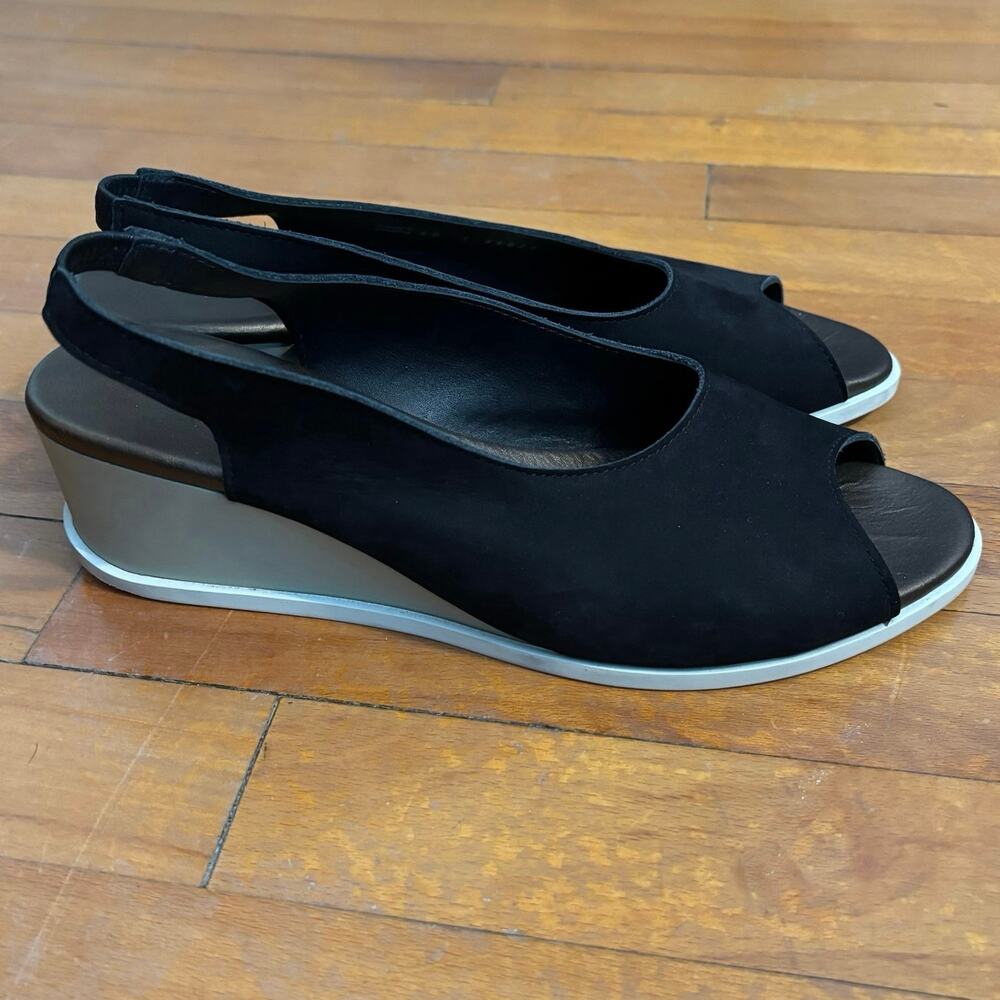 Arche Size 40 US 9 Slingbacks Shoes Peep Toe Black Leather Wedge Heel